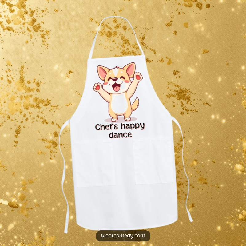Funny apron of an excited dog doing a happy dance with paws up, a humorous kitchen gift.