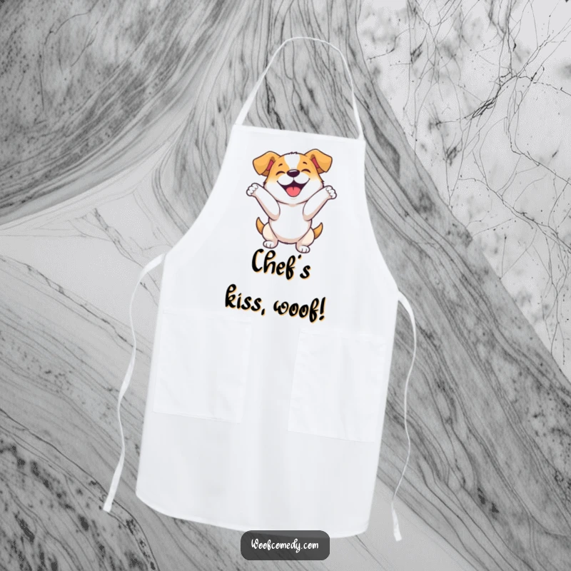 Funny apron illustrating a happy dog performing an enthusiastic bow, ready to receive applause for a culinary creation.