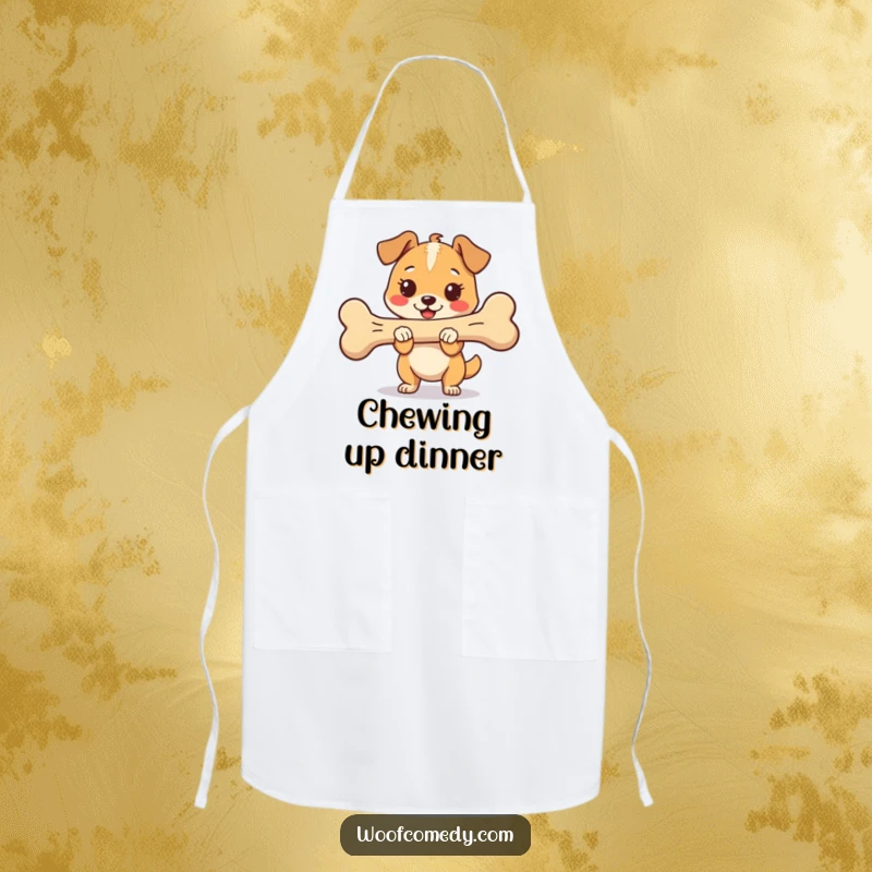 Funny Kawaii Dog Apron featuring a proud and happy dog holding an oversized bone, perfect for cooking and baking, a great gift.