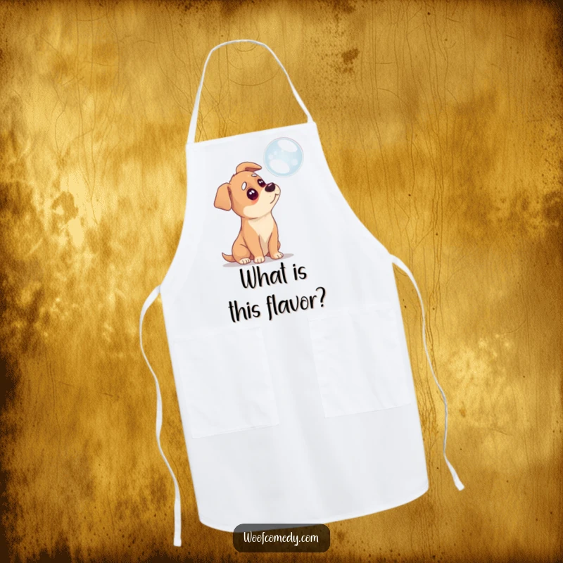 Funny apron showing a dog tilting its head inquisitively at a floating bubble, perfect for a curious cook.