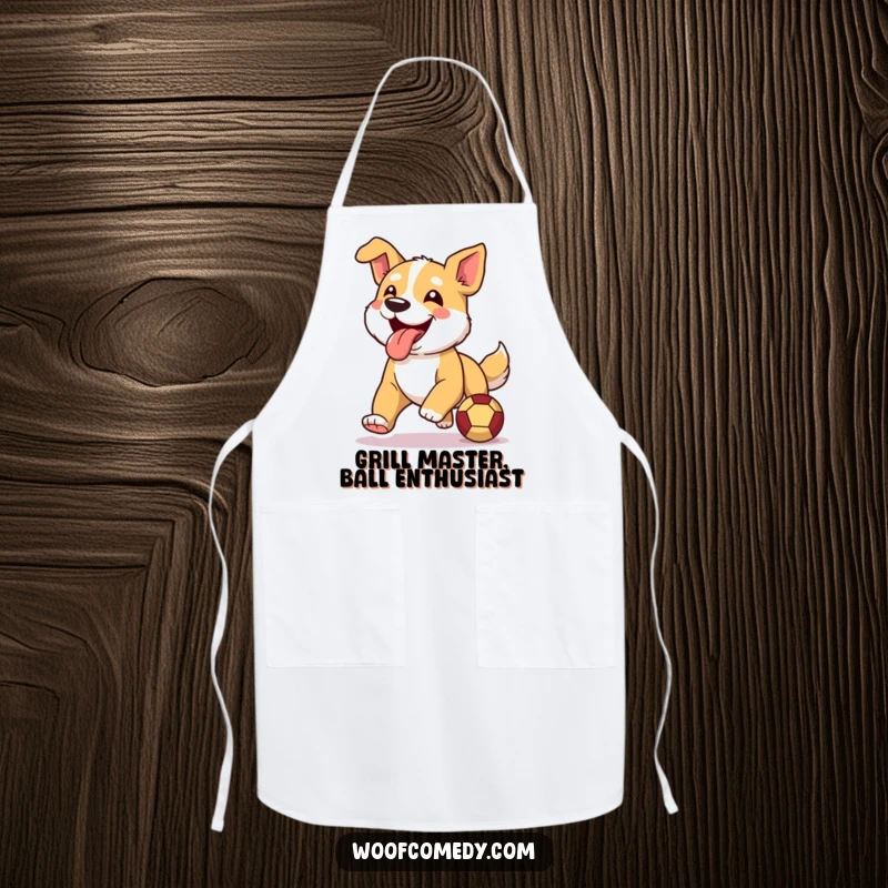 Funny kitchen apron showcasing a dog in mid-run, tongue out, happily chasing a ball.