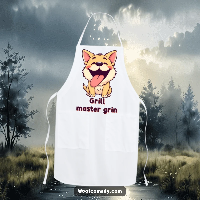 Funny dog grinning apron showing a happy dog panting with its tongue out and a silly grin, perfect for kitchen cheer.