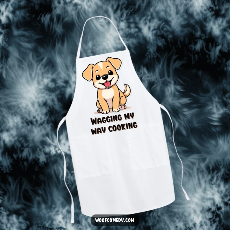 Funny apron featuring a cute dog with floppy ears and an energetic wagging tail, bringing playful charm to the kitchen.