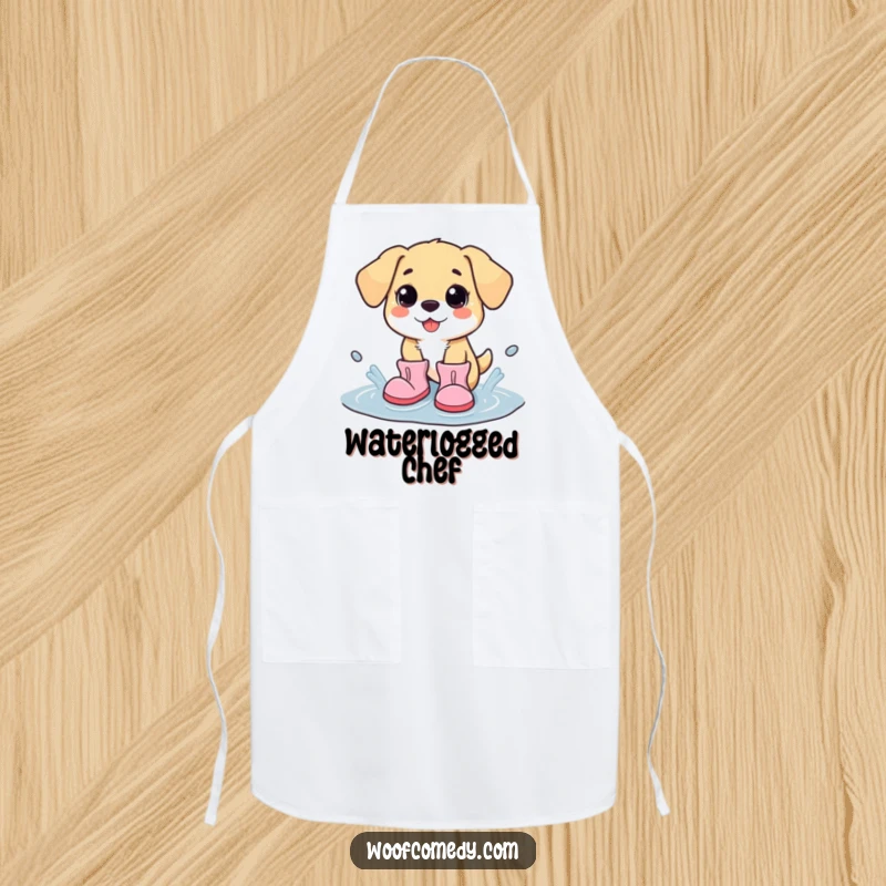 Funny kawaii dog in oversized boots, splashing in a puddle while cooking, durable and amusing kitchen apron.