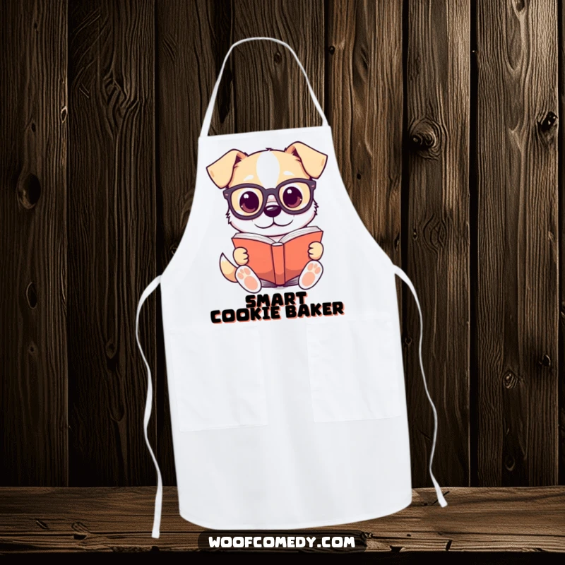 Funny apron showing a kawaii dog wearing tiny glasses and reading a large book, a humorous kitchen essential.