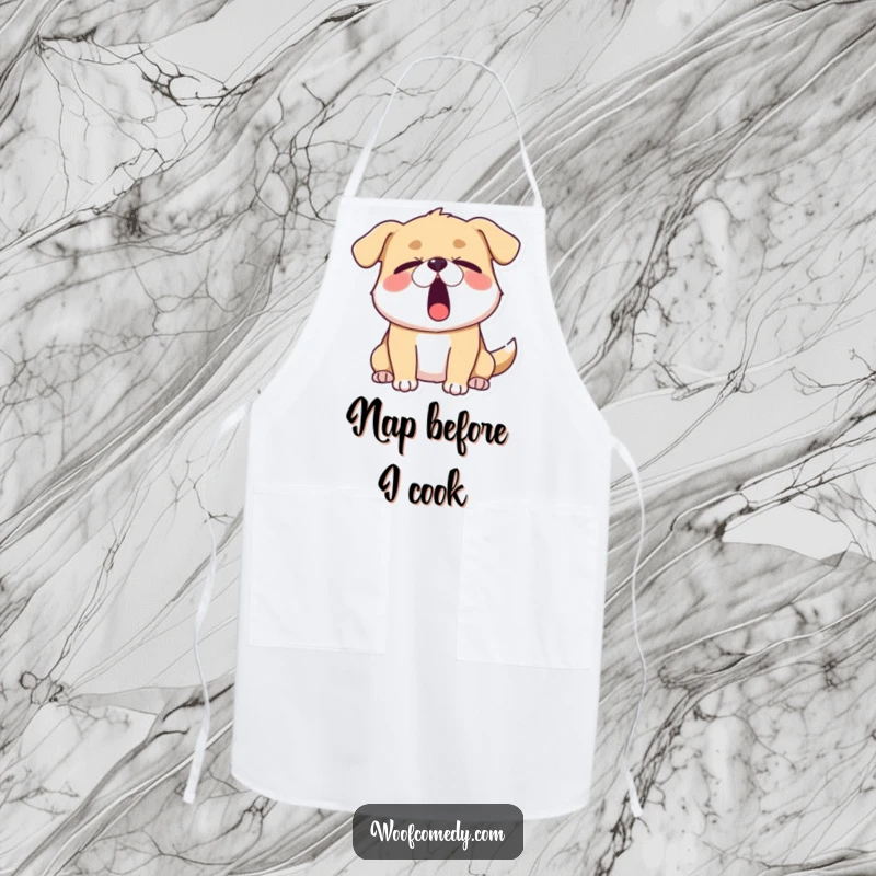 Funny sleepy dog apron showing a dog yawning widely with eyes half-closed, perfect for cooking or relaxing with a humorous touch of tiredness.