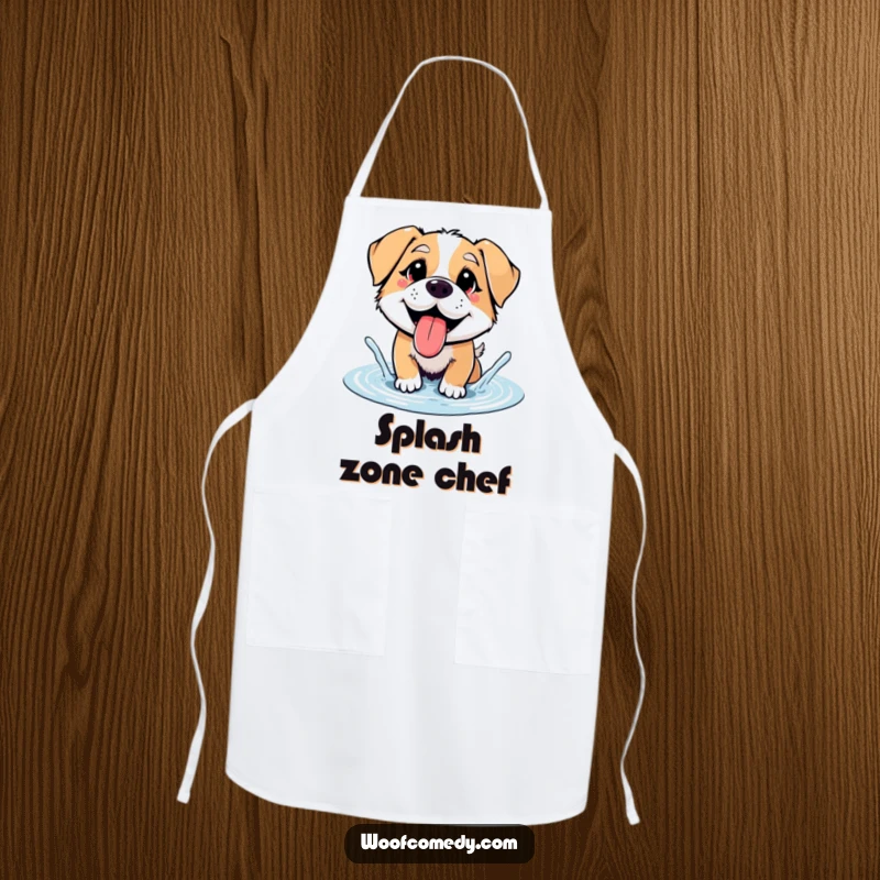 Funny dog panting, happily splashing in a puddle, washable apron, kitchen humor, funny gift.