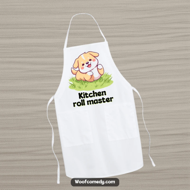 Funny kawaii dog rolling on green grass apron, a cute and humorous kitchen gift.