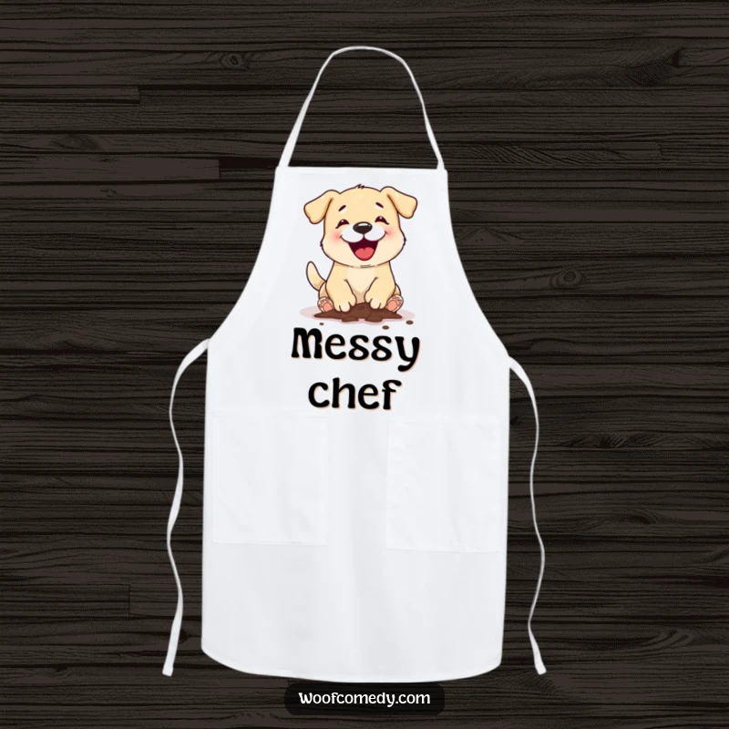 Funny dog digging apron showing a dog with muddy paws, ready for kitchen or garden duty, bringing humor to messy tasks.