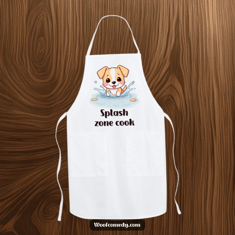 Funny apron showing a kawaii dog playfully splashing in a puddle, ears flapping, a humorous and practical kitchen accessory.