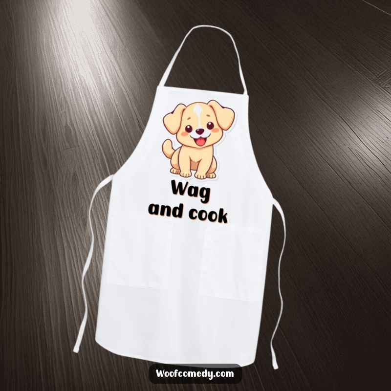 Funny Kawaii dog apron depicting a cute dog with floppy ears, its tail wagging exuberantly, perfect for kitchen fun and stylish protection.