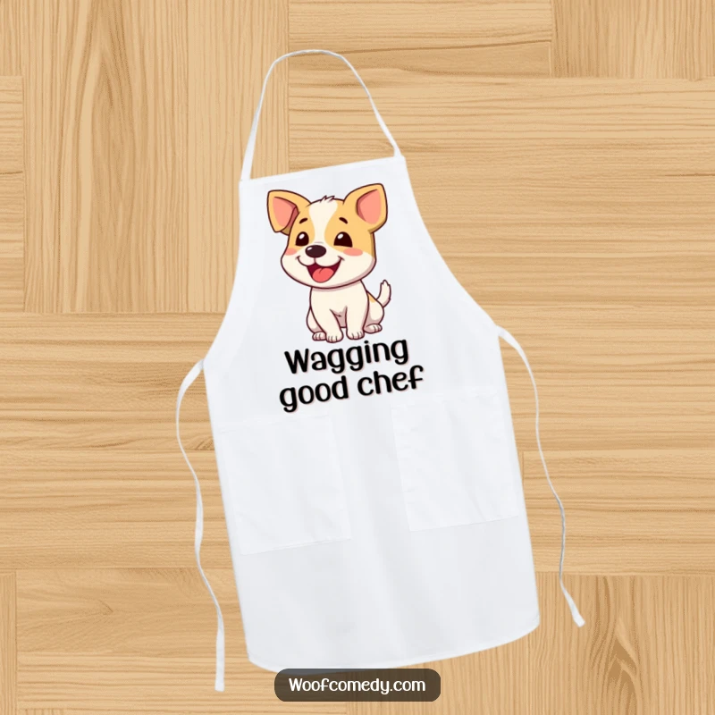 Funny dog wagging tail apron featuring a happy dog's tail in motion, ready for kitchen fun and protection with a humorous flair.