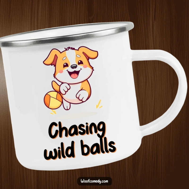 Funny Kawaii dog camping mug showing a cute dog enthusiastically chasing a bouncy ball with a huge happy grin, perfect for outdoor drinks.