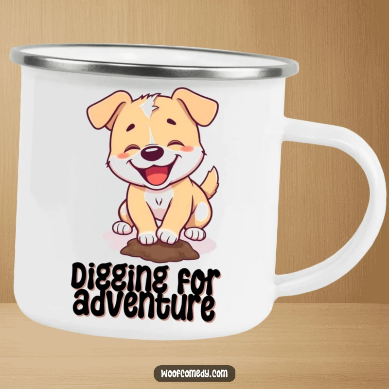 Funny camping mug showing a dog joyfully digging a hole, ready for campfire stories.