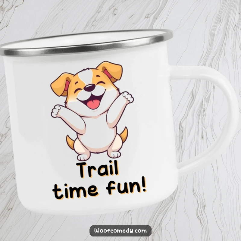 Funny camping mug showing a happy dog in an enthusiastic bow, ready for applause after a grand adventure.