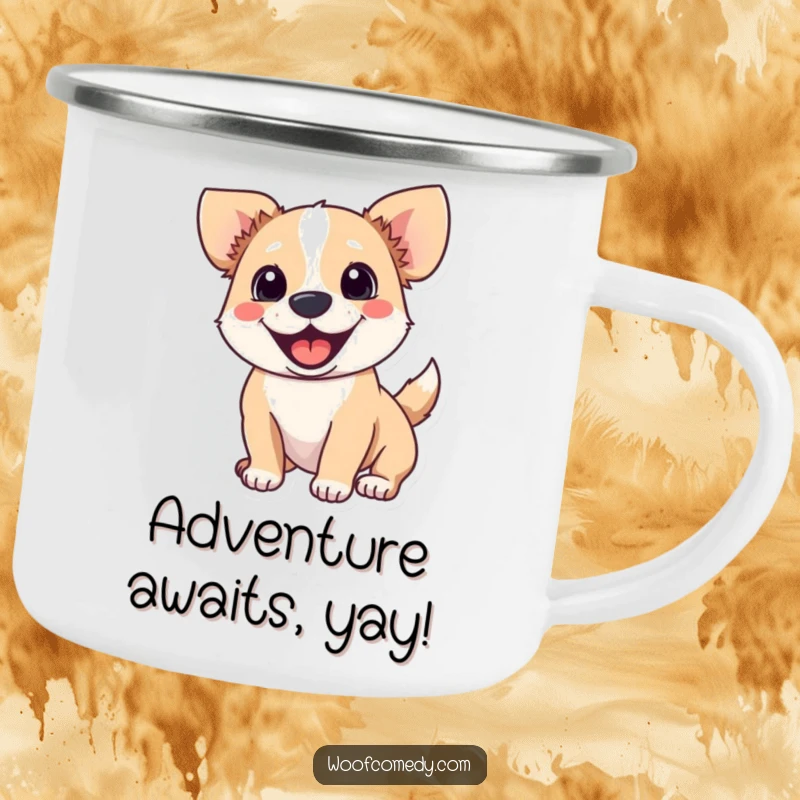 Funny camping mug showing an excited dog with a wagging tail, ready for outdoor escapades.