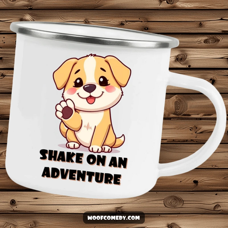 Funny dog paw shake camping mug, a friendly dog offering its paw, a humorous outdoor gift.