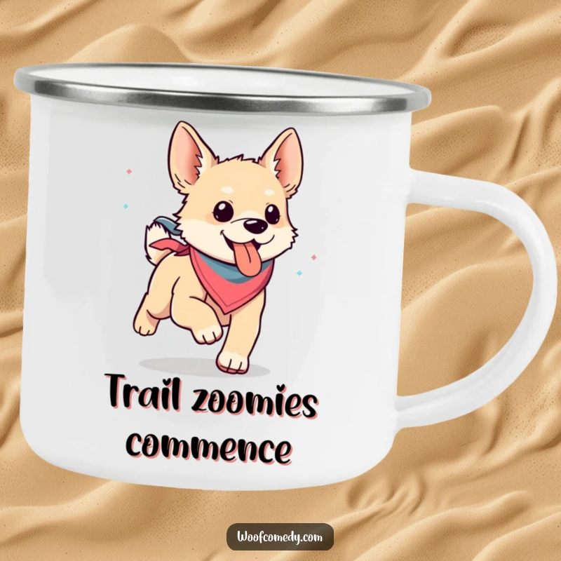 Funny kawaii dog wearing a bandana, humorously running with its tongue out, featured on a rugged and cute camping mug.