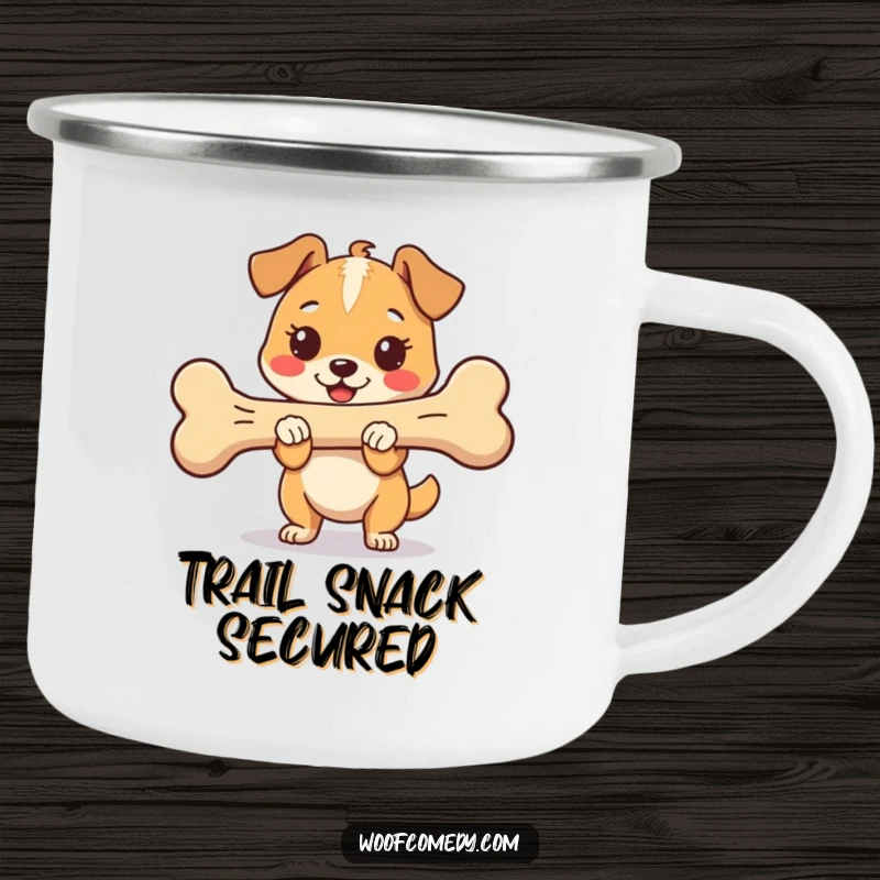 Funny Kawaii Dog Camping Mug with a proud and happy dog holding an oversized bone, perfect for outdoor adventures and gifting joy.
