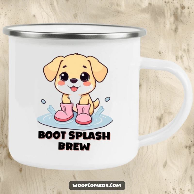 Funny kawaii dog in oversized boots, splashing with glee, rugged camping mug perfect for outdoor adventures and smiles.