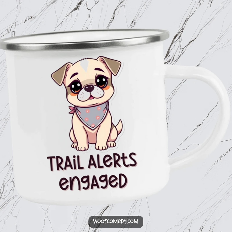 Funny kawaii dog camping mug with a curious and alert pup wearing a tiny bandana, celebrating outdoor exploration and humor.