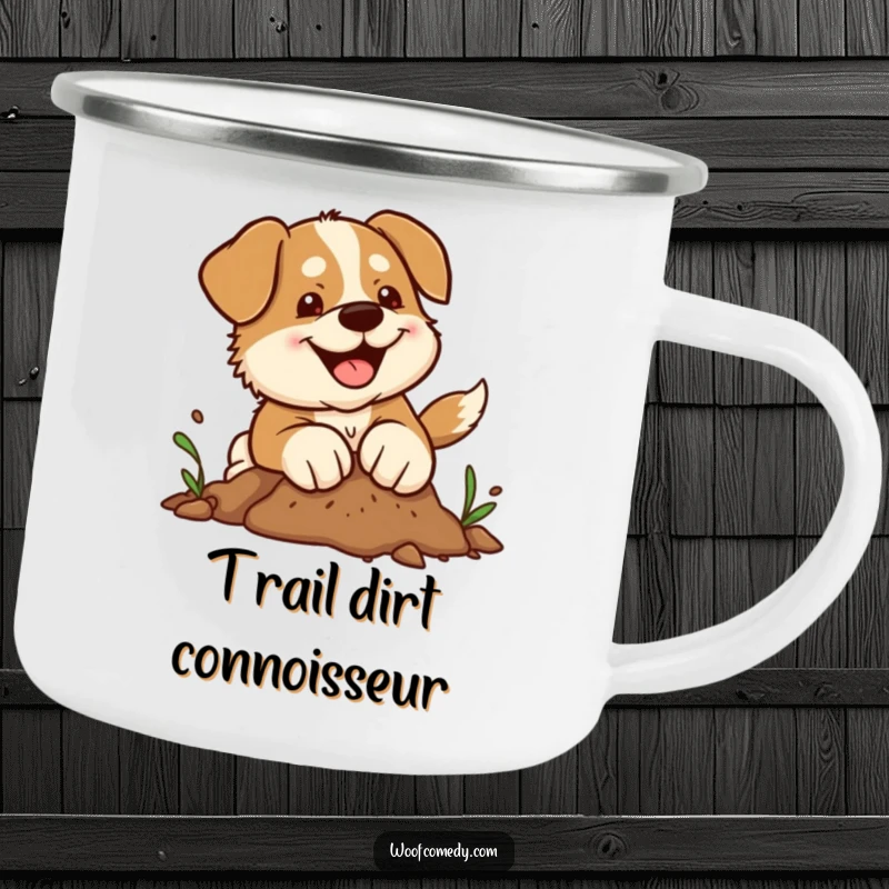 Funny kawaii dog camping mug with determined paws joyfully digging in dirt, celebrating outdoor fun and humor.