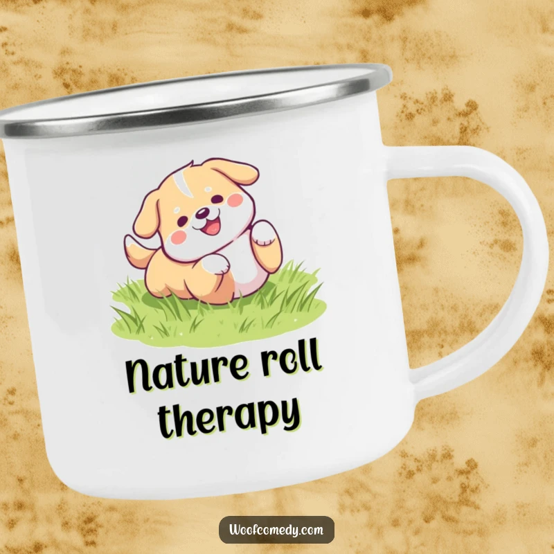 Funny kawaii dog rolling on green grass camping mug, a cute and humorous outdoor gift.