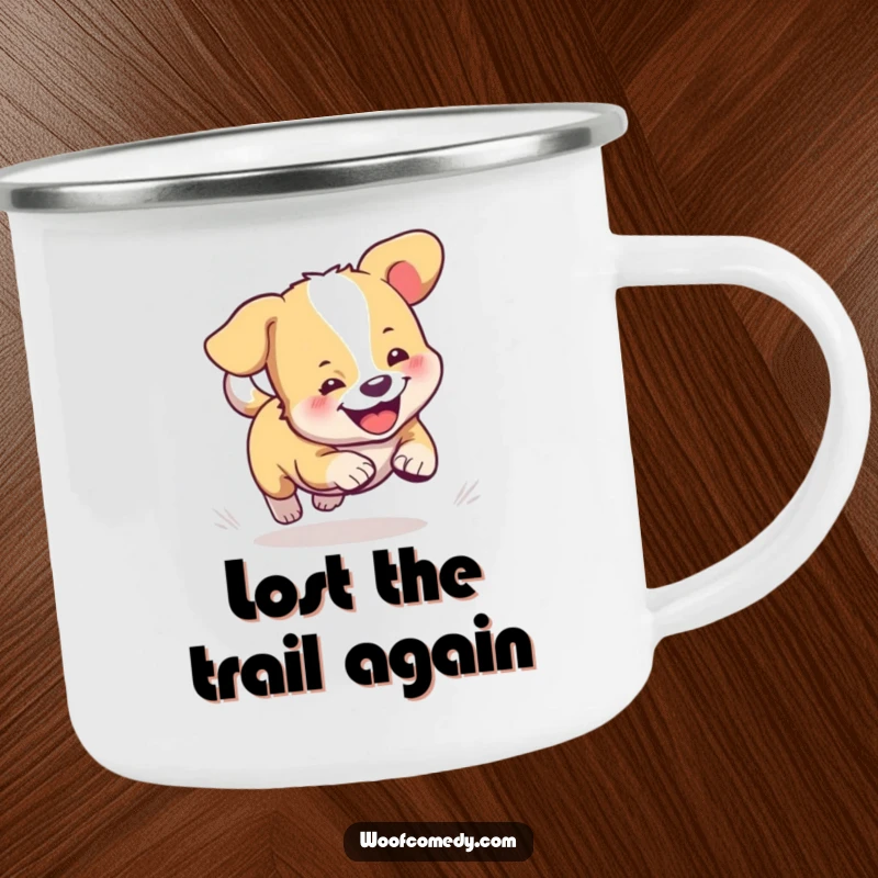 Funny enamel camping mug featuring a cute dog hilariously chasing its tail, ideal for outdoor enthusiasts.
