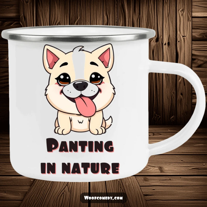 Funny Kawaii dog camping mug showing a cute dog with a goofy expression, panting with its tongue out. Perfect for outdoor drinks with a smile.