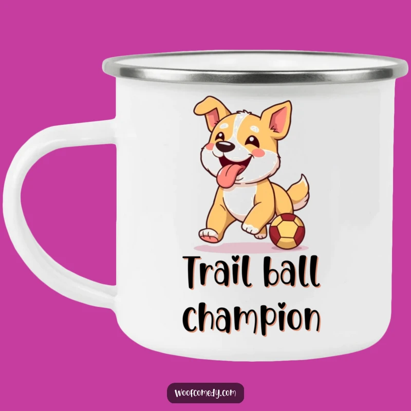 Funny Dog Camping Mug: Happy Runner Pup with Ball, Humorous Outdoor Gift