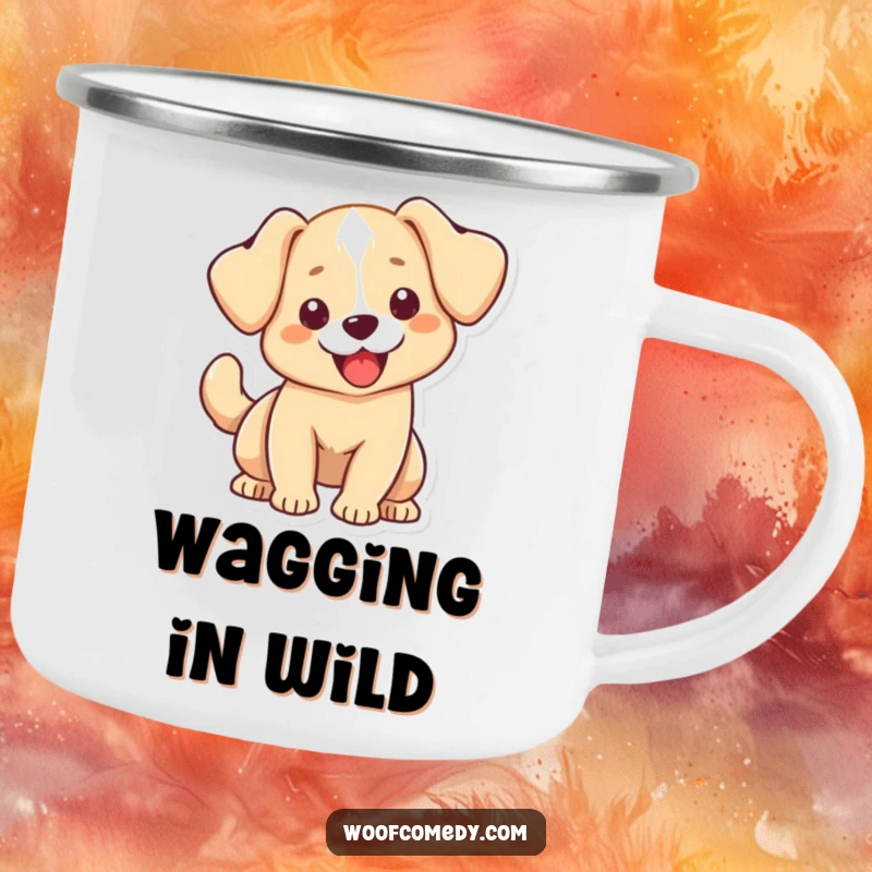 Funny Kawaii dog camping mug with a cute dog with floppy ears, its tail wagging exuberantly, perfect for enjoying drinks in nature with a happy vibe.