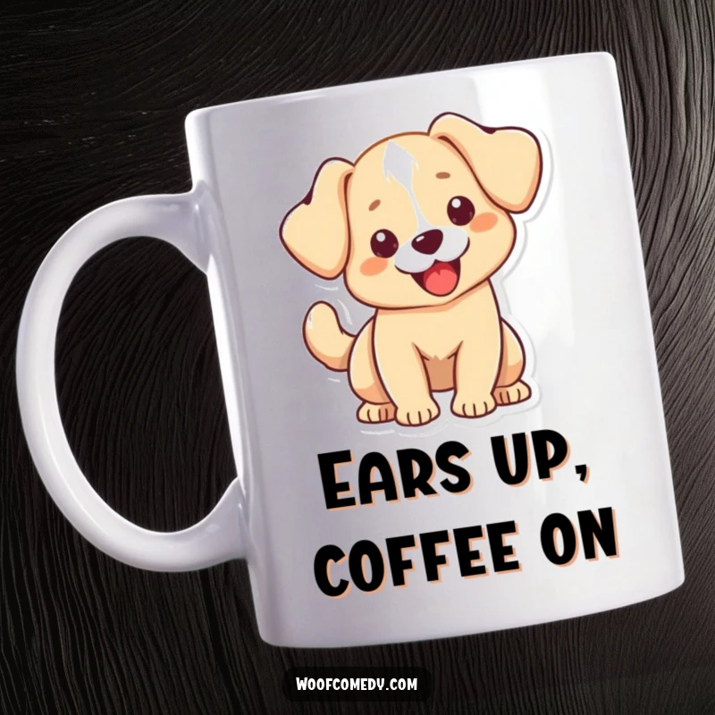Funny Kawaii dog mug featuring a cute dog with floppy ears, its tail wagging exuberantly with pure joy and happiness. Adorable and cheerful.