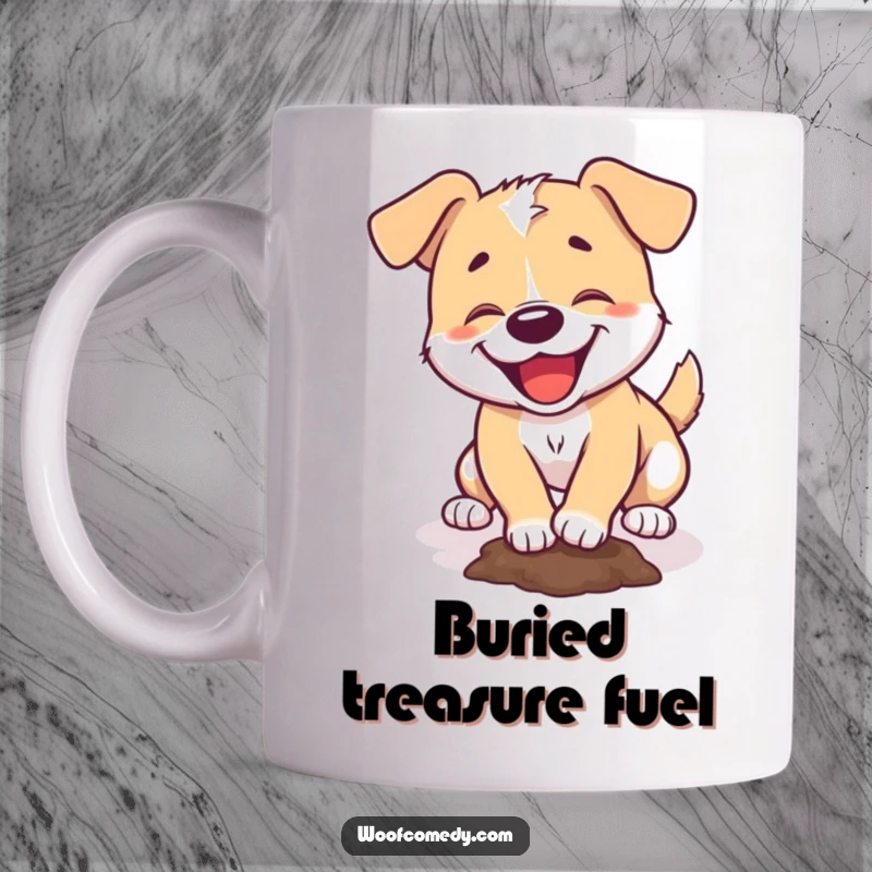Funny mug featuring a happy dog with dirt on its nose, gleefully digging a small hole.