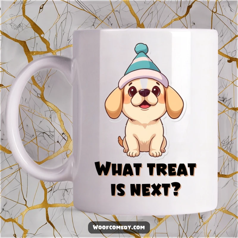 Funny dog mug featuring a cute dog wearing a silly hat, looking up with hopeful, expectant eyes.