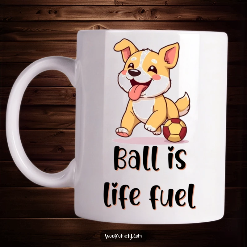 Funny mug featuring a happy cartoon dog running with its tongue lolling out, excitedly chasing a ball.