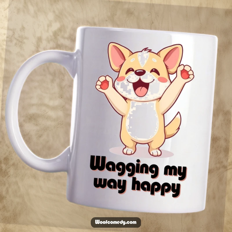 Funny mug showing an excited dog doing a happy dance with its paws up in the air, a joyful gift.
