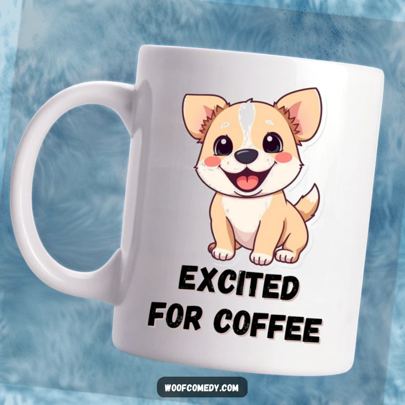 Funny mug showing a happy dog wagging its tail, ears perked up in pure excitement and anticipation.
