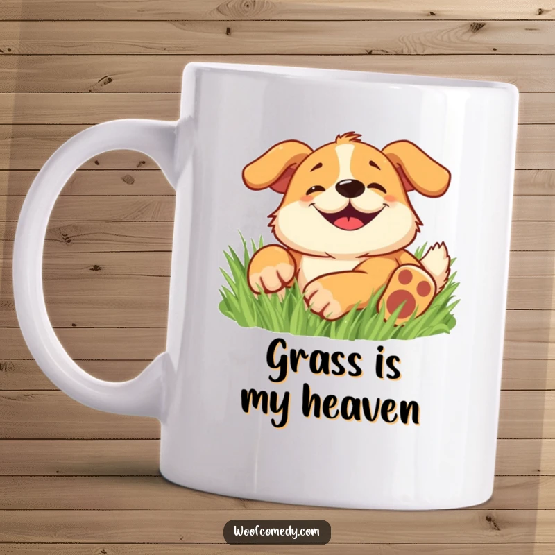 Funny mug featuring a happy dog with a wide, goofy grin, rolling around in soft green grass.