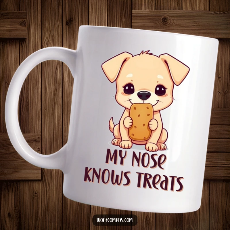 Funny mug showing a small dog with intense concentration balancing a treat on its nose, a humorous gift.
