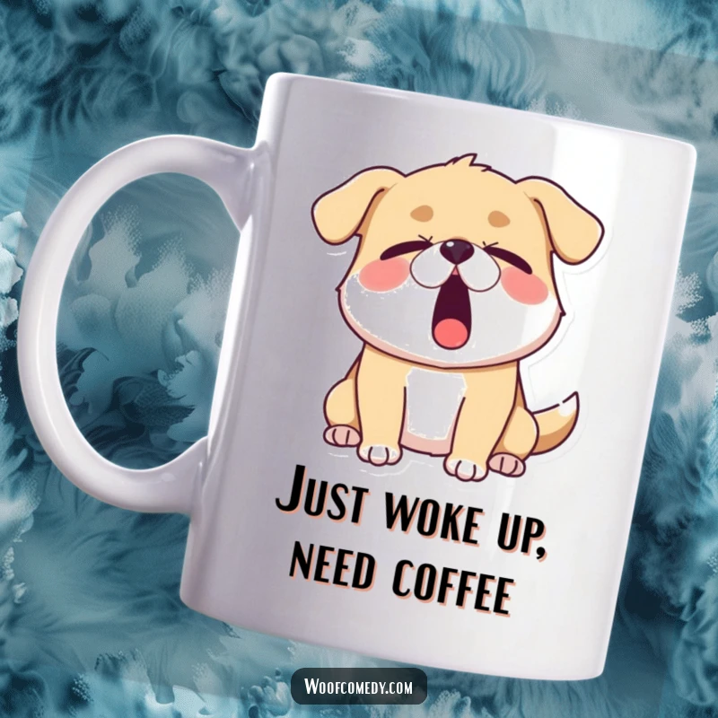 Funny sleepy dog mug showing a dog yawning widely with its eyes half-closed, capturing the essence of extreme tiredness and need for rest.