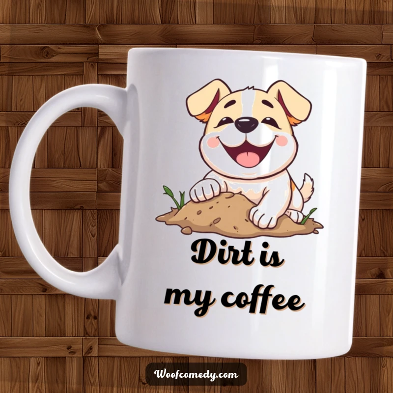 Funny dog mug showing a happy dog with a huge smile enthusiastically digging a hole in the dirt.