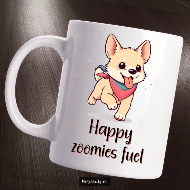Funny kawaii dog wearing a bandana, happily running with a floppy tongue out on a cute mug, perfect for dog lovers.