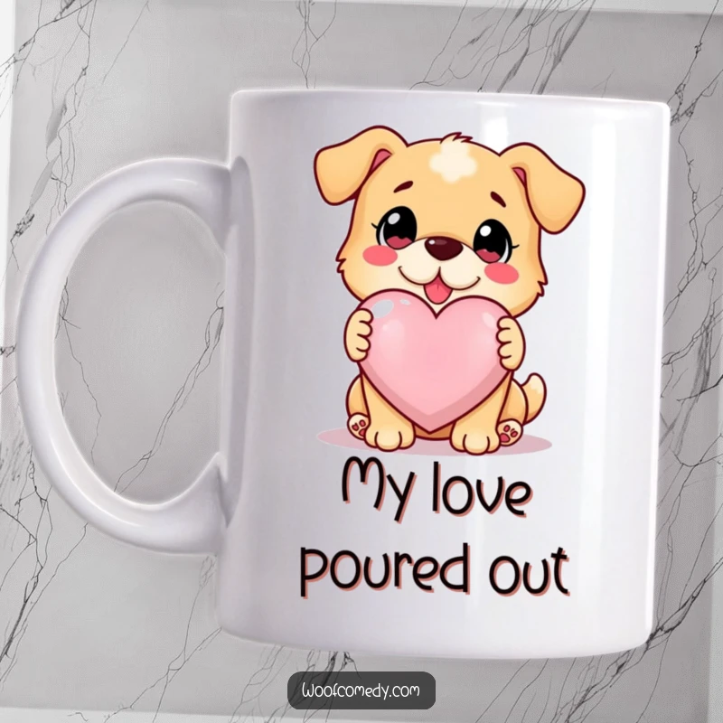 Funny loyal dog offering a giant, glowing heart, loving gaze, heartwarming design, funny gift.
