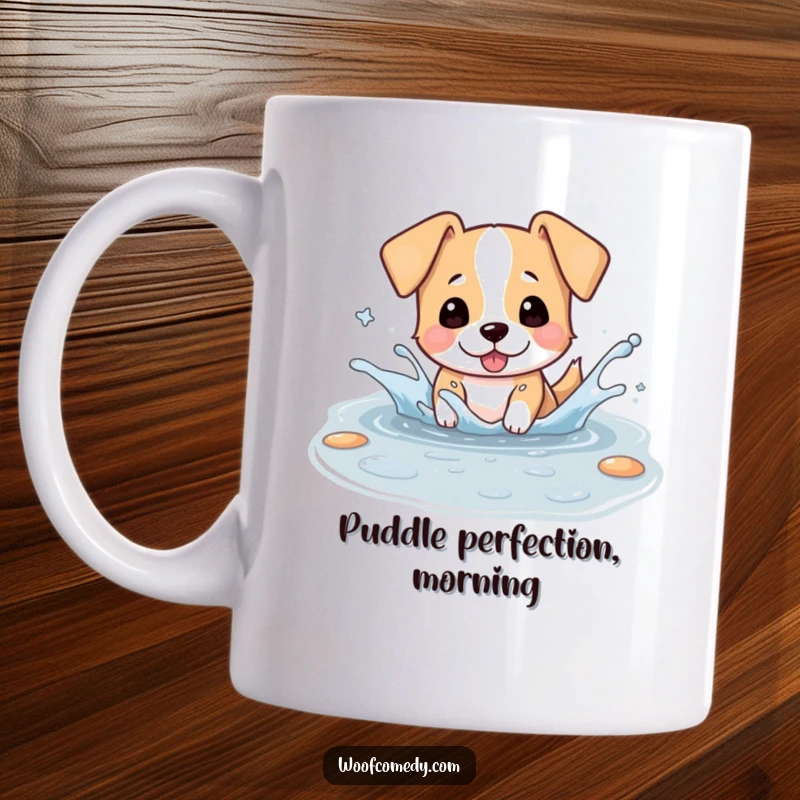 Funny mug featuring a kawaii dog playfully splashing in a puddle, ears flapping wildly, capturing pure, wet-doggy delight.