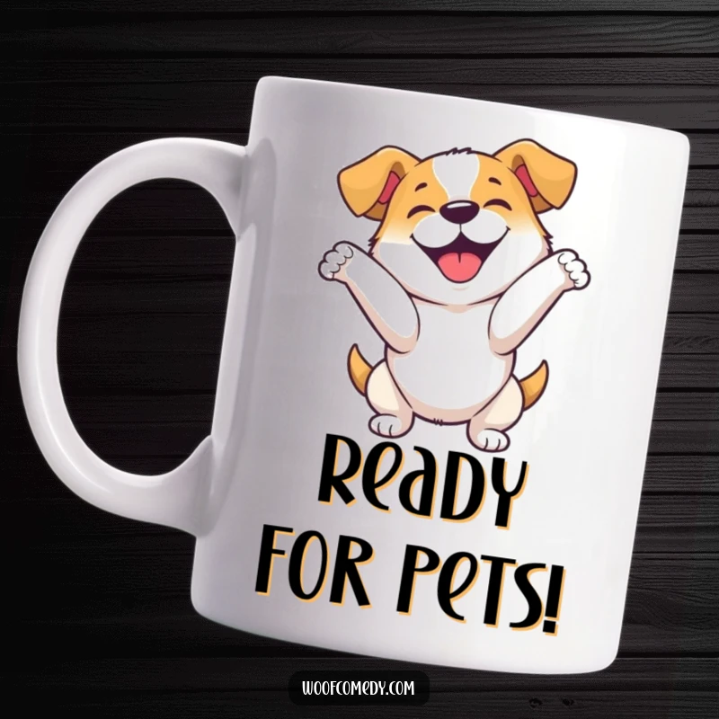 Funny mug featuring a joyfully happy dog performing an enthusiastic, playful bow, tail wagging with excitement.