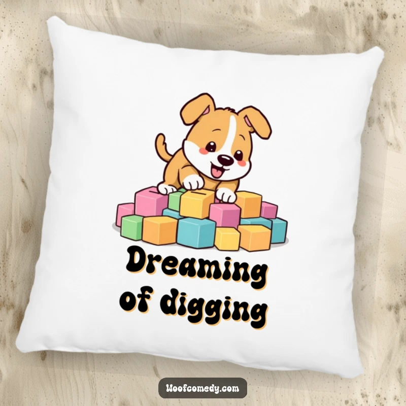 Funny energetic dog digging in colorful blocks, soft decorative pillow, playful accent, funny gift.