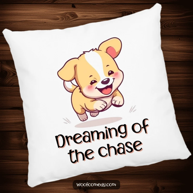 Funny pillow featuring a cute, embroidered or printed dog humorously caught in the act of chasing its tail.