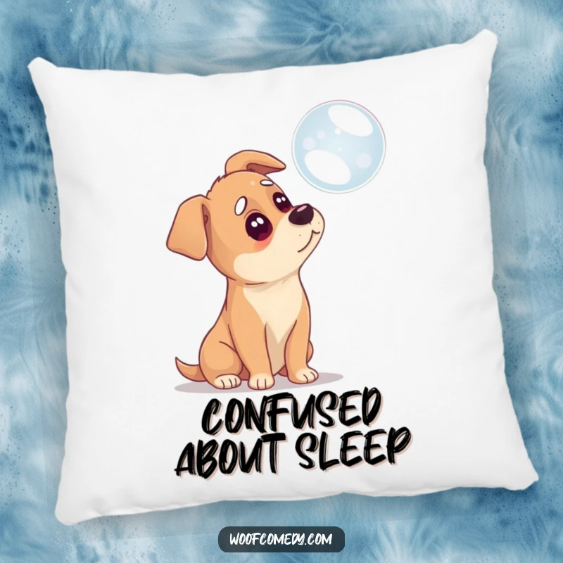 Funny pillow depicting a dog tilting its head at a bubble, offering comfort and a chuckle.