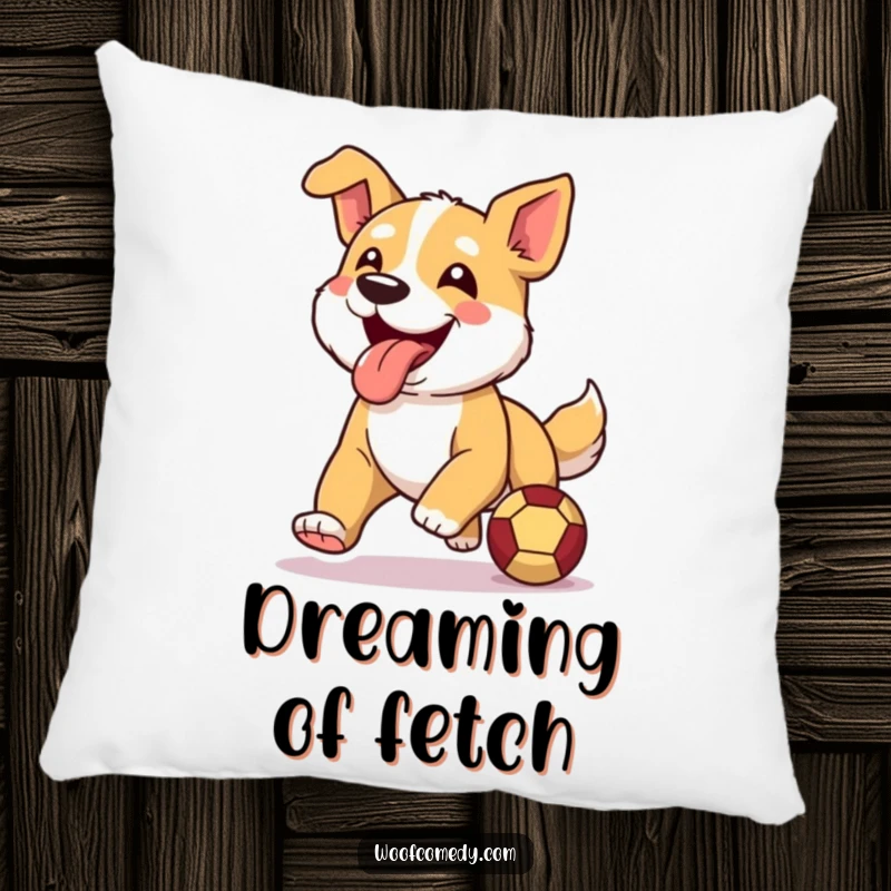 Funny pillow designed with a happy dog running, tongue lolling out, eagerly chasing a ball.