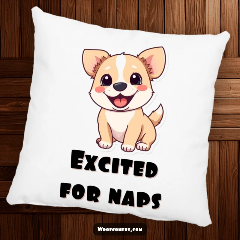 Funny pillow depicting a dog with a wagging tail and perked ears, radiating pure excitement and comfort.